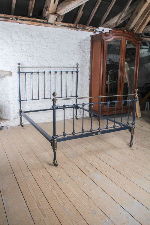 fig 1. Gorgeous Victorian Iron and Antiqued Brass King Size Bed in Basalt Blue