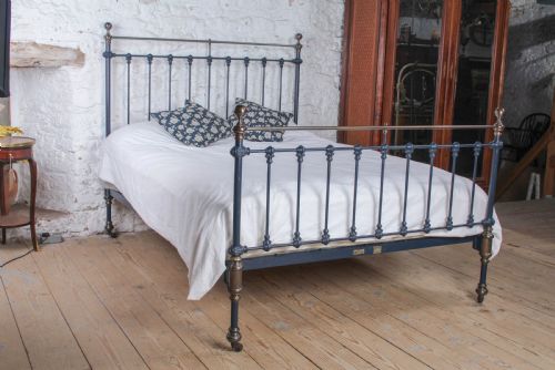 fig 2. Gorgeous Victorian Iron and Antiqued Brass King Size Bed in Basalt Blue