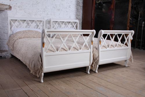 POSITIVELY CHARMING PAIR OF PAINTED FRENCH SWAN SINGLE BEDS