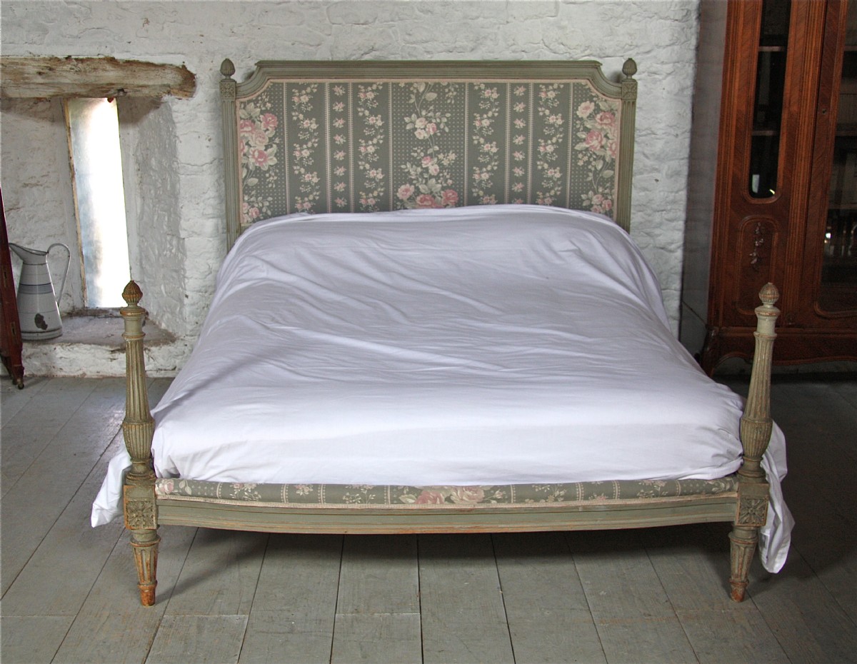 King size French carved and upholstered bed with original paintwork