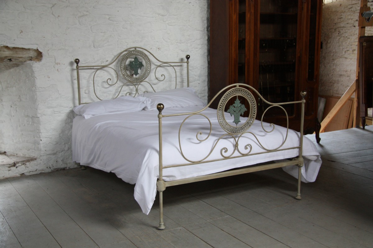 Very pretty forged iron double bed painted in Little Greene company heritage colours