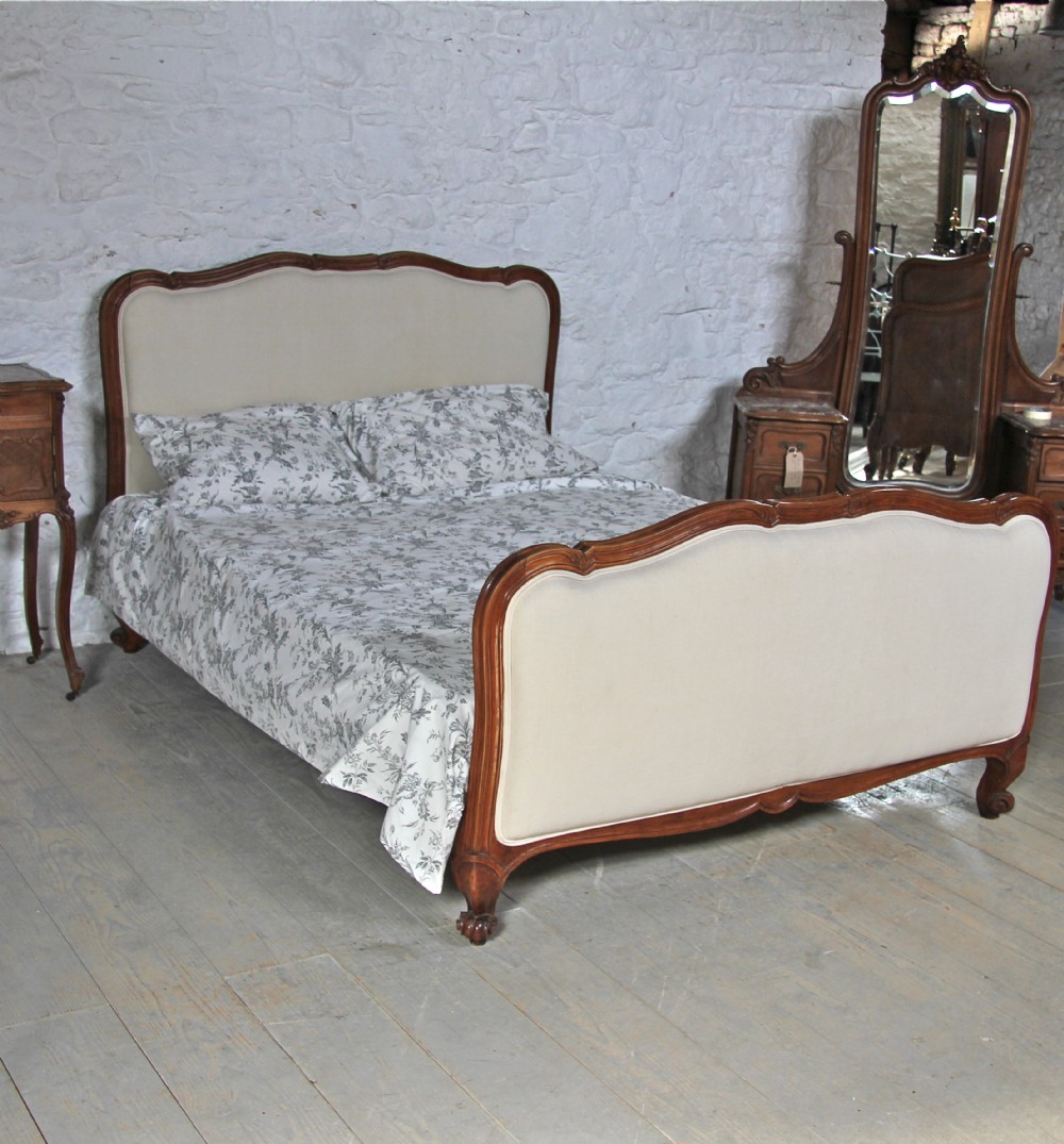 Good quality walnut framed French Louis XV style  newly upholstered king size bed