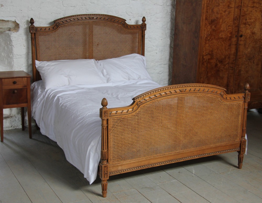 King size light walnut Bergere caned French bed