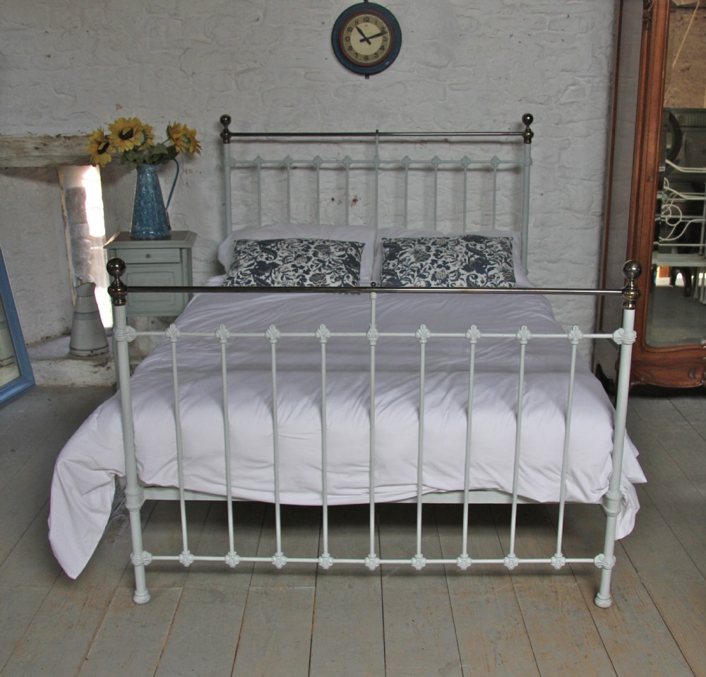 King size Victorian brass and iron bed in French grey