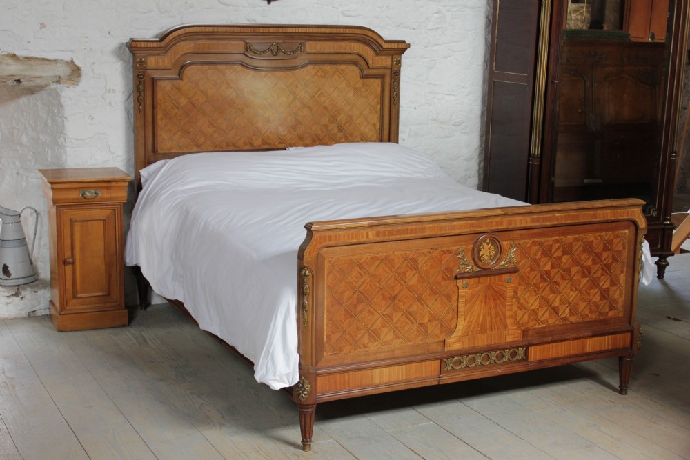 Louis XVI style king size parquetry bed with bronze ormalu mounts