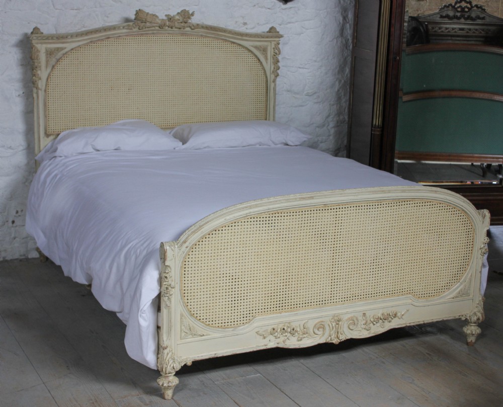 French aged paint carved frame bergere caned king size 