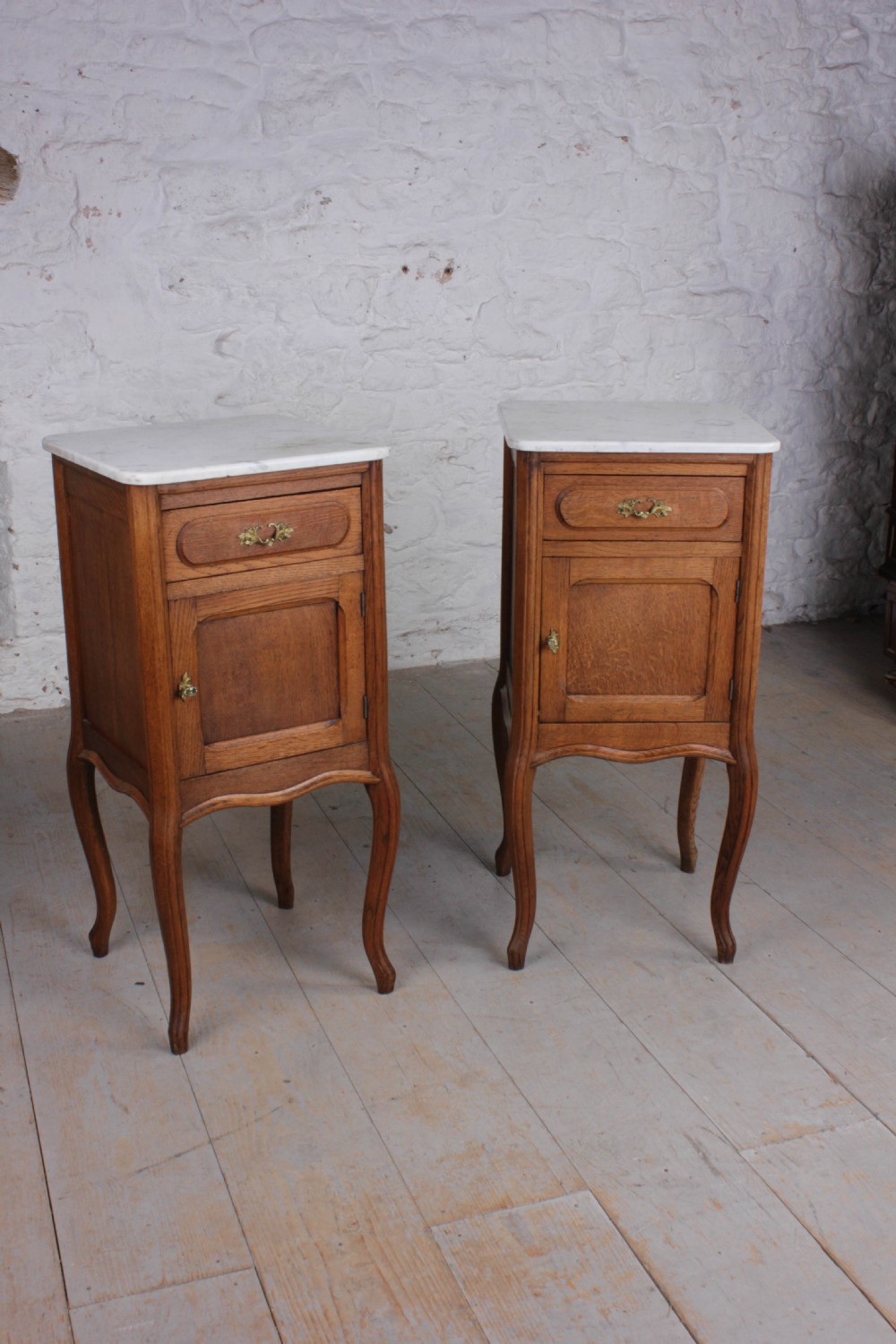 Attractive pair of French solid oak bed side tables 