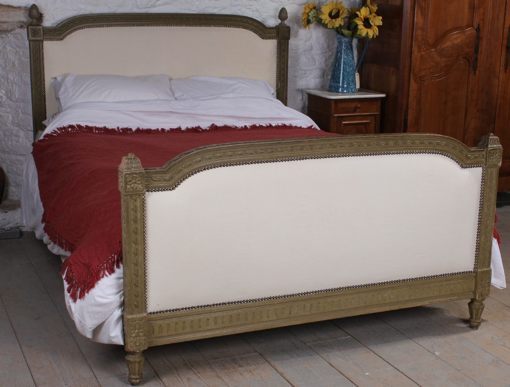 Gorgeous French naturally aged eau de nil frame king size upholstered