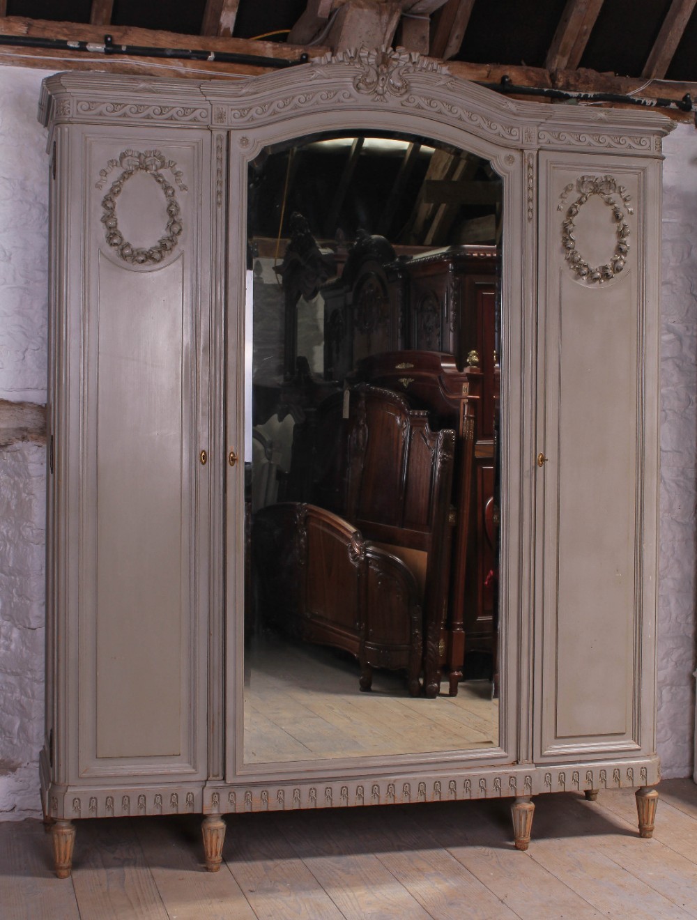 Pretty three door French painted eau de nil armoire