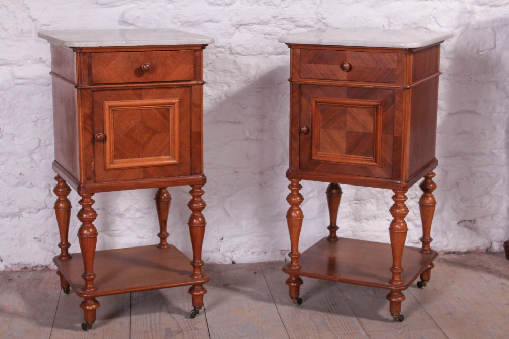 Lovely pair of white marble top walnut bedsides