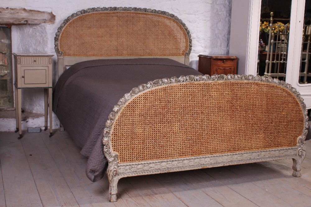 Beautiful original Eau de nil painted  carved roses Bergere caned king size