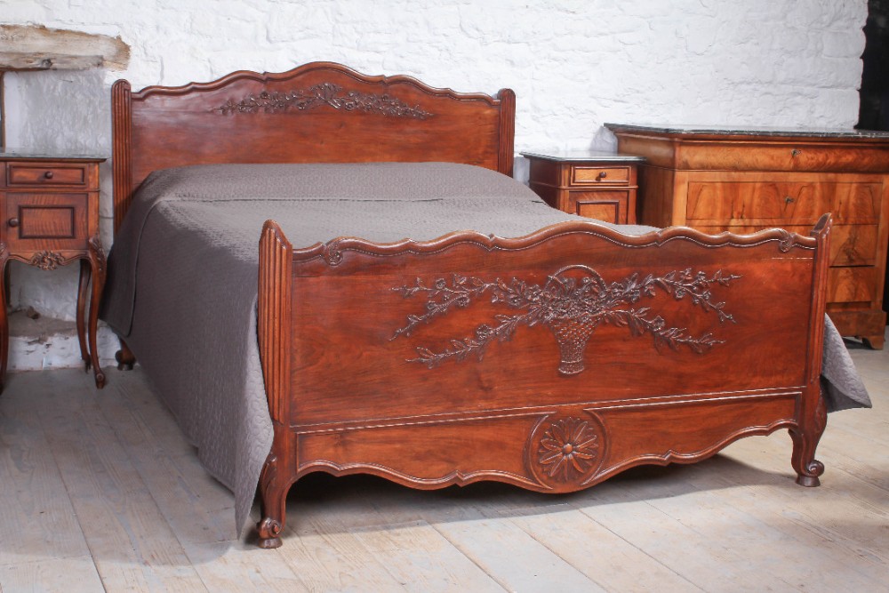 French solid walnut large king size Provencale Louis XV style bed