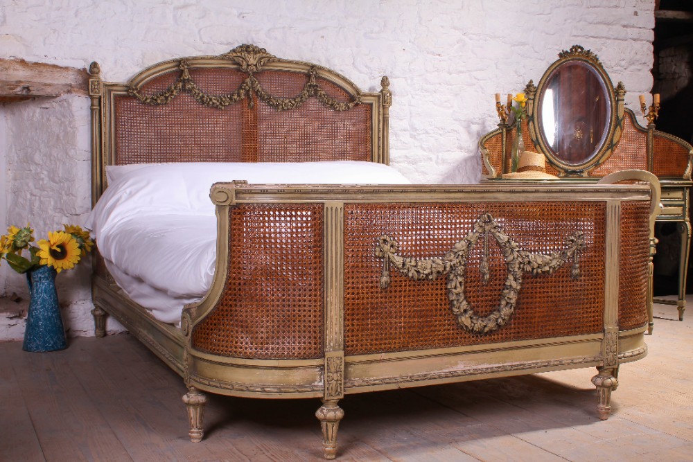 Very lovely all original Louis XVI style caned carved king size bed 