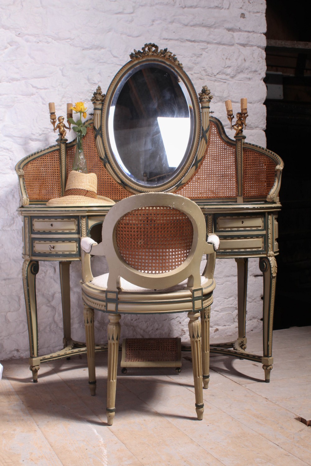 Beautiful French caned carved original paintwork dressing table and chair