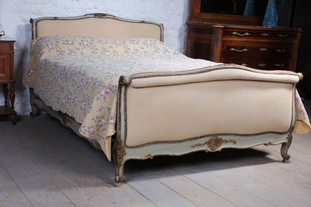 Lovely original French paintwork newly upholstered king size Lit Bateau.