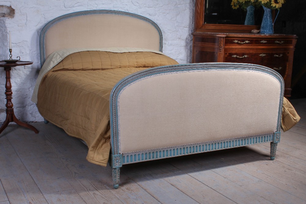 Pretty French blue grey carved edge king size upholstered bed