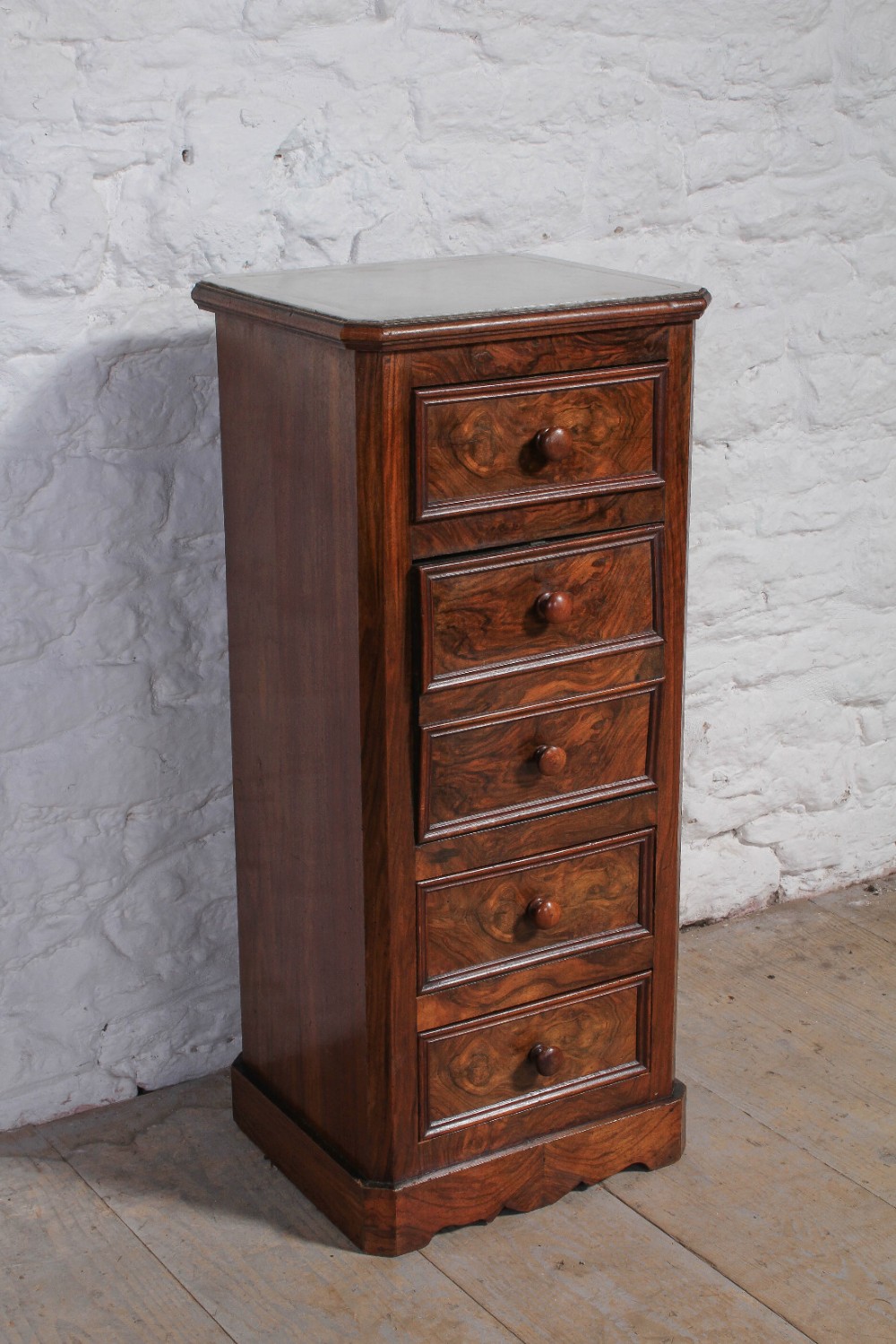 Flame mahogany bedside cabinet with white marble top