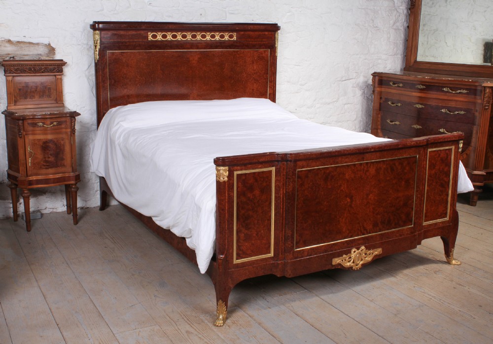 Exceptional quality French Mercier Feres burr walnut with  gilded bronze ormalu mounts king size bed.Box wood and fruit wood inlaid cross banding