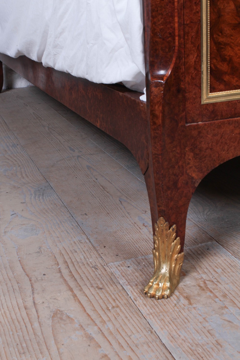 Exceptional quality French Mercier Feres burr walnut with  gilded bronze ormalu mounts king size bed.Box wood and fruit wood inlaid cross banding View V