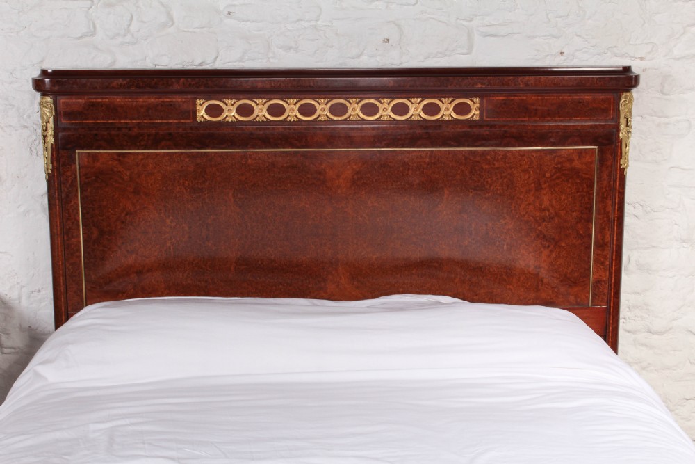 Exceptional quality French Mercier Feres burr walnut with  gilded bronze ormalu mounts king size bed.Box wood and fruit wood inlaid cross banding View VI