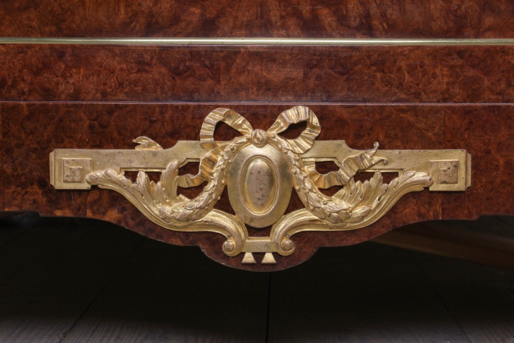 Exceptional quality French Mercier Feres burr walnut with  gilded bronze ormalu mounts king size bed.Box wood and fruit wood inlaid cross banding View VII