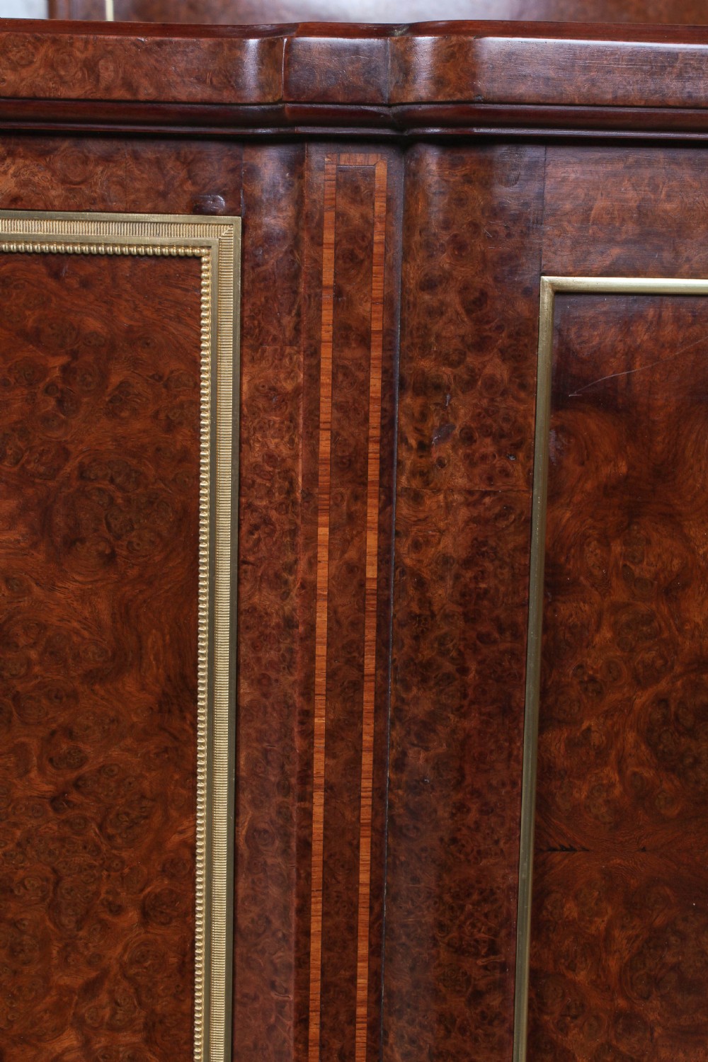 Exceptional quality French Mercier Feres burr walnut with  gilded bronze ormalu mounts king size bed.Box wood and fruit wood inlaid cross banding View VIII