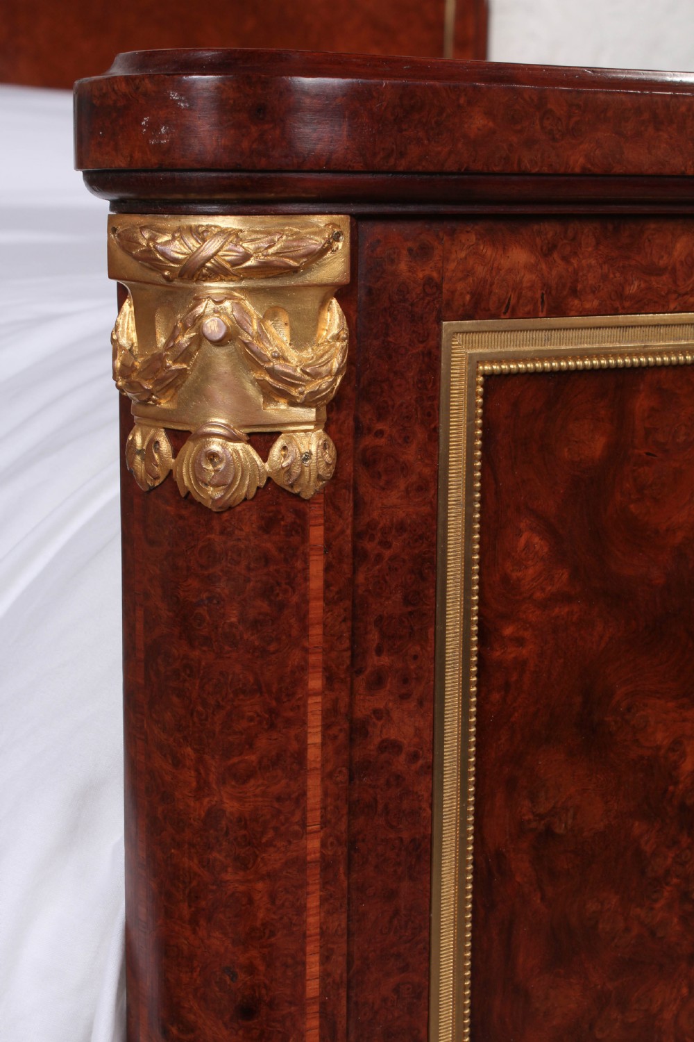 Exceptional quality French Mercier Feres burr walnut with  gilded bronze ormalu mounts king size bed.Box wood and fruit wood inlaid cross banding View IX