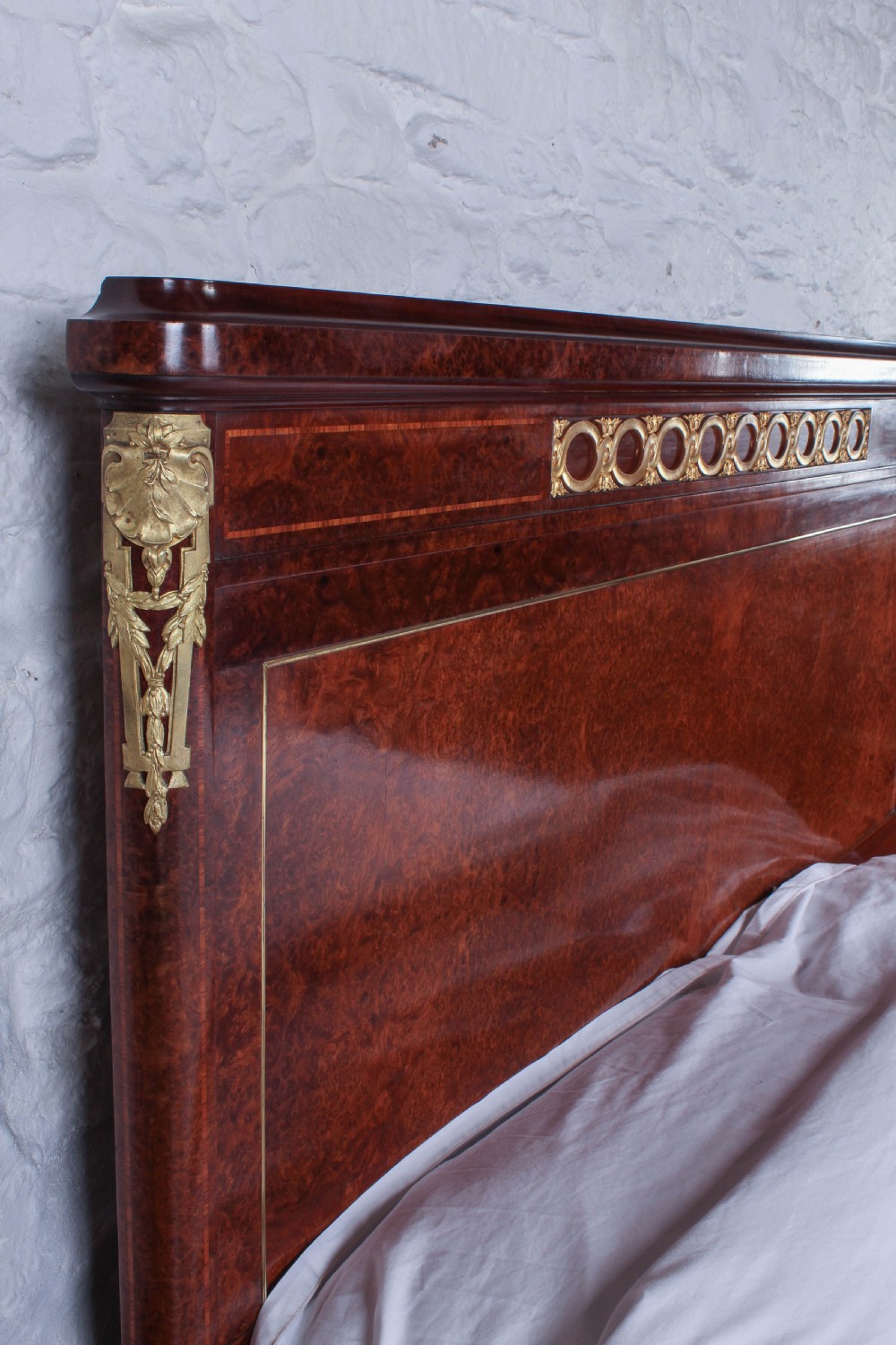 Exceptional quality French Mercier Feres burr walnut with  gilded bronze ormalu mounts king size bed.Box wood and fruit wood inlaid cross banding View X