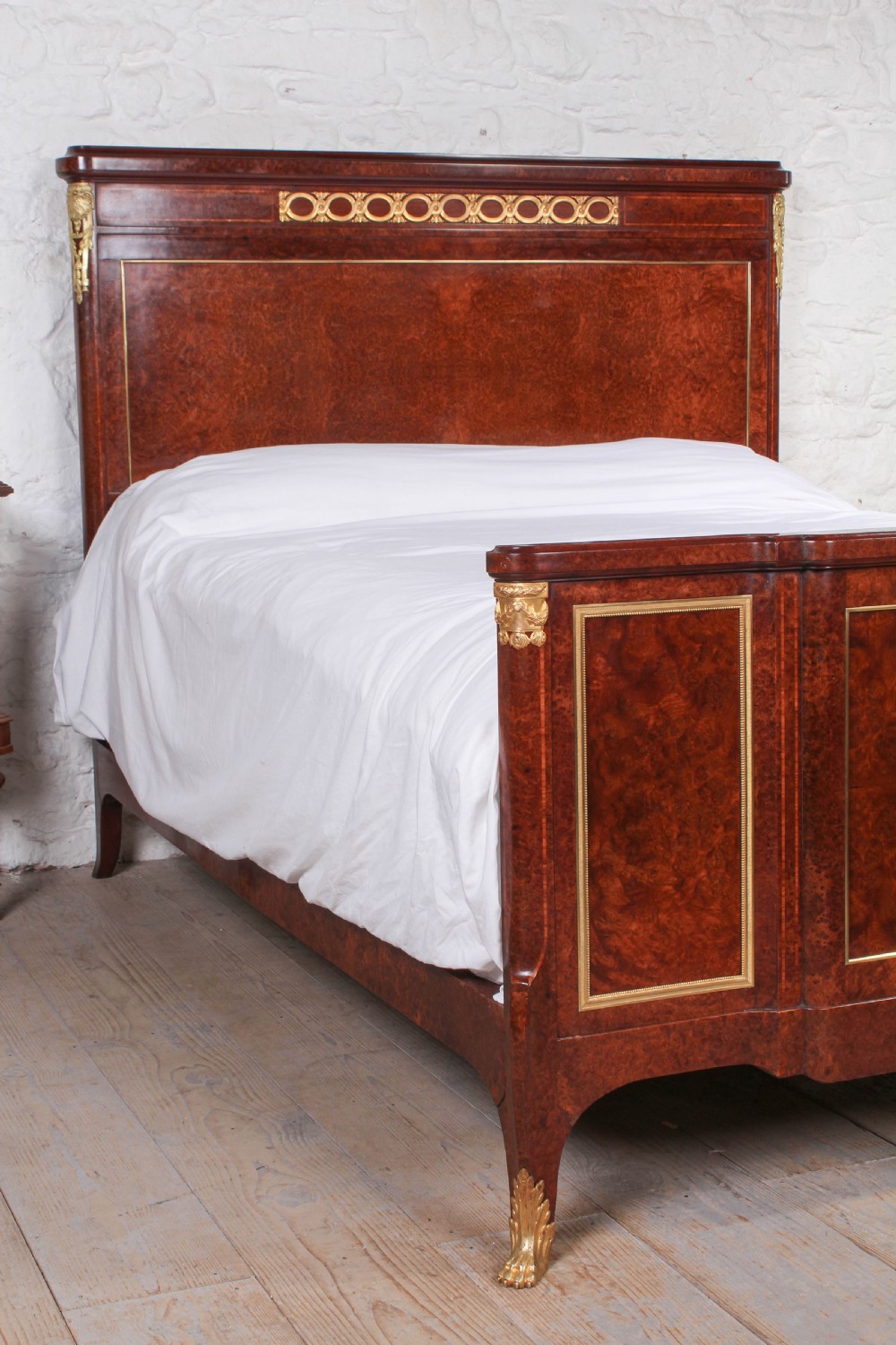 Exceptional quality French Mercier Feres burr walnut with  gilded bronze ormalu mounts king size bed.Box wood and fruit wood inlaid cross banding View XI