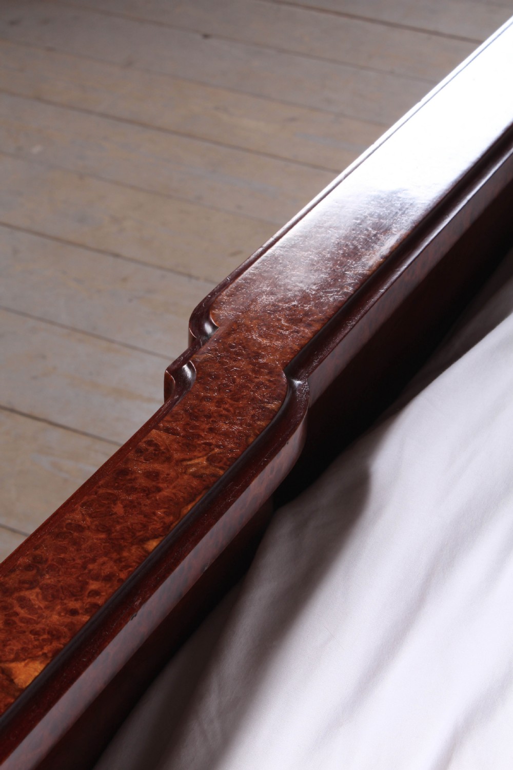 Exceptional quality French Mercier Feres burr walnut with  gilded bronze ormalu mounts king size bed.Box wood and fruit wood inlaid cross banding View XII