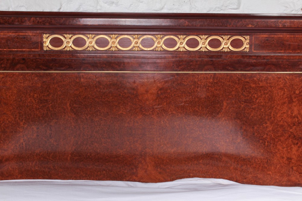 Exceptional quality French Mercier Feres burr walnut with  gilded bronze ormalu mounts king size bed.Box wood and fruit wood inlaid cross banding View XIV