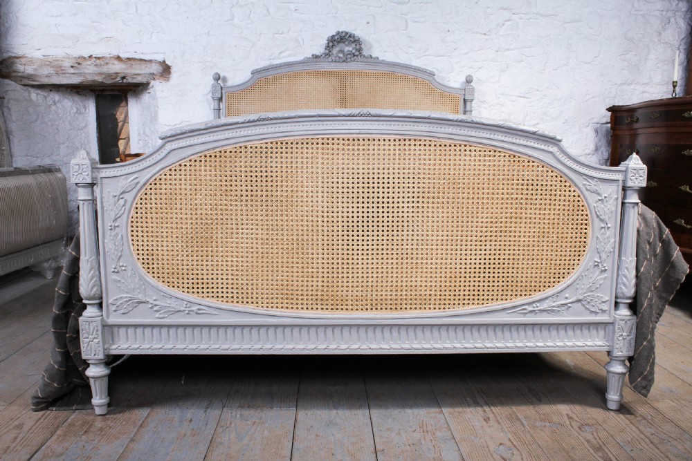 Pretty French carved painted caned Louis XVI style Bergere king size bed View II