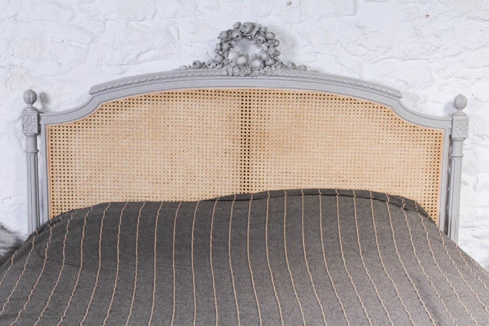 Pretty French carved painted caned Louis XVI style Bergere king size bed View III