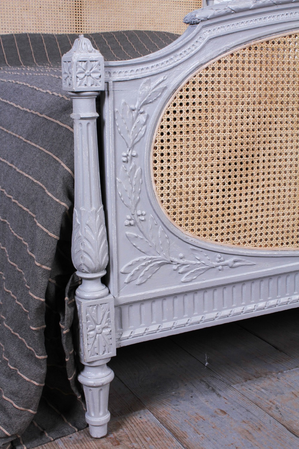 Pretty French carved painted caned Louis XVI style Bergere king size bed View IV
