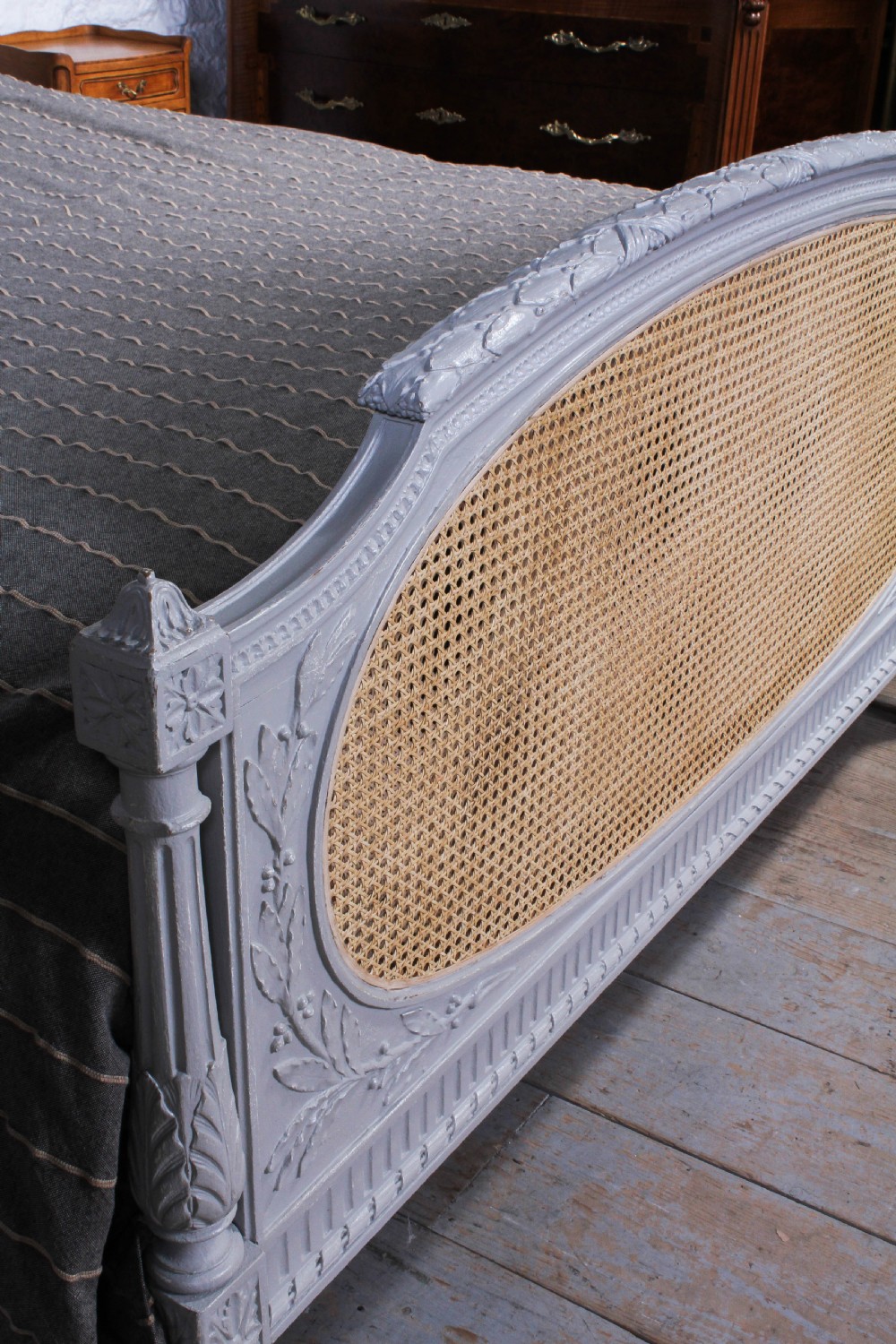 Pretty French carved painted caned Louis XVI style Bergere king size bed View VII