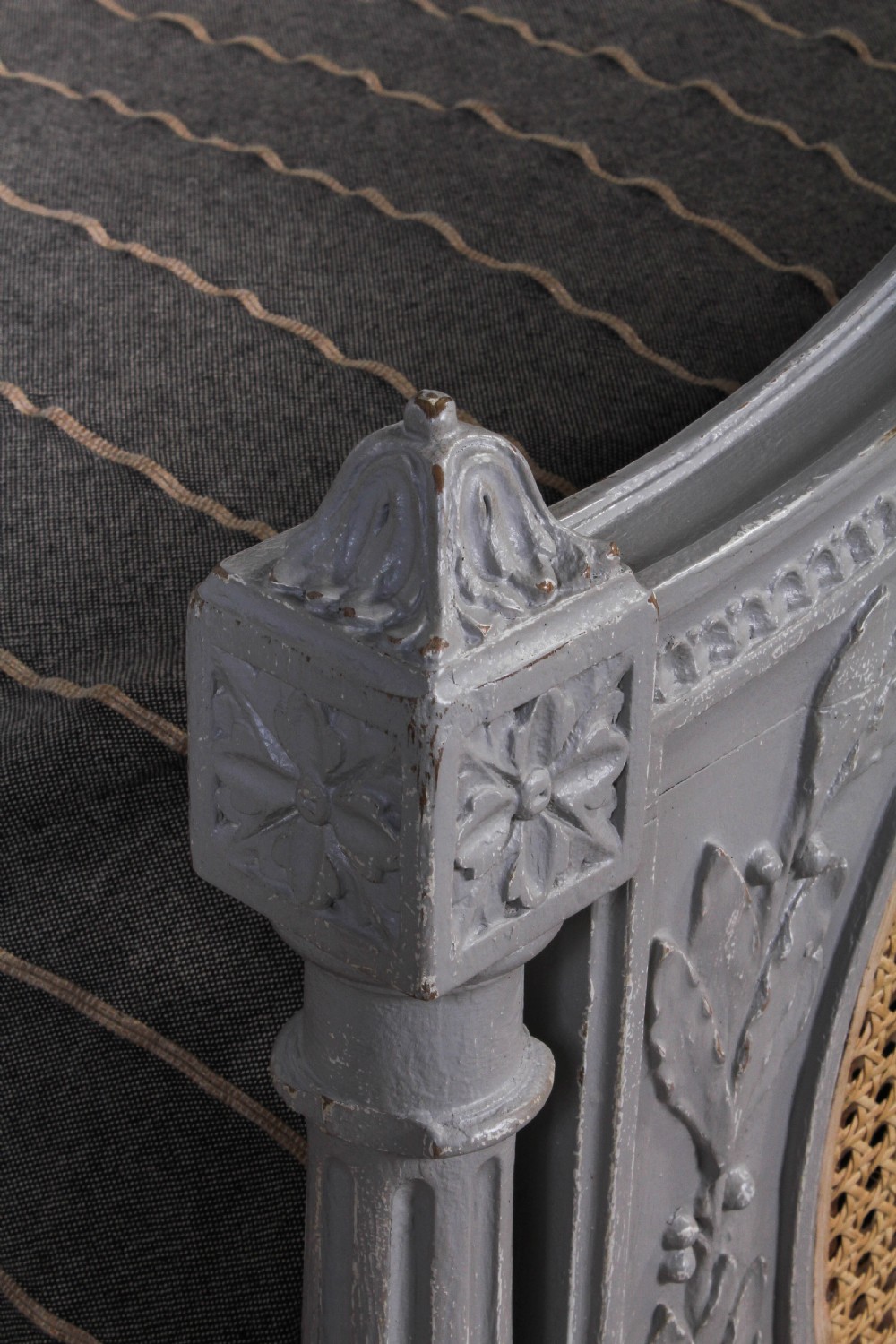 Pretty French carved painted caned Louis XVI style Bergere king size bed View IX