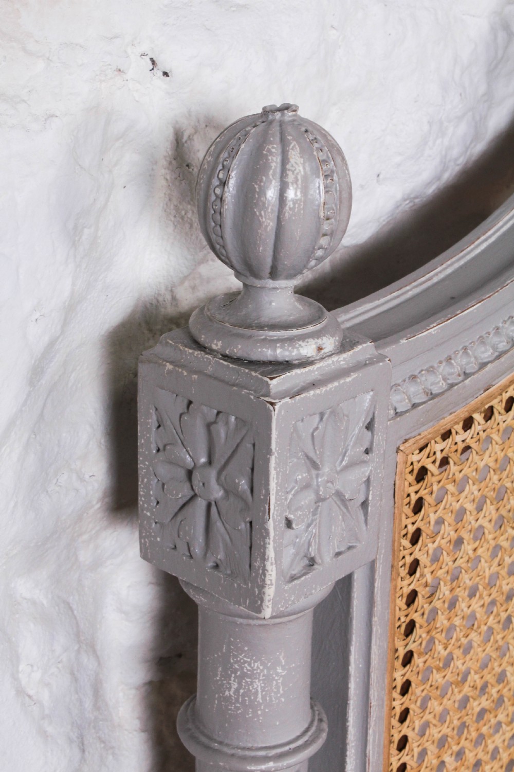 Pretty French carved painted caned Louis XVI style Bergere king size bed View X