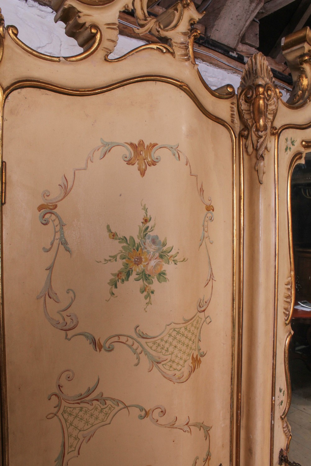 Flamboyant Italian three door painted and gilded wardrobe  View III