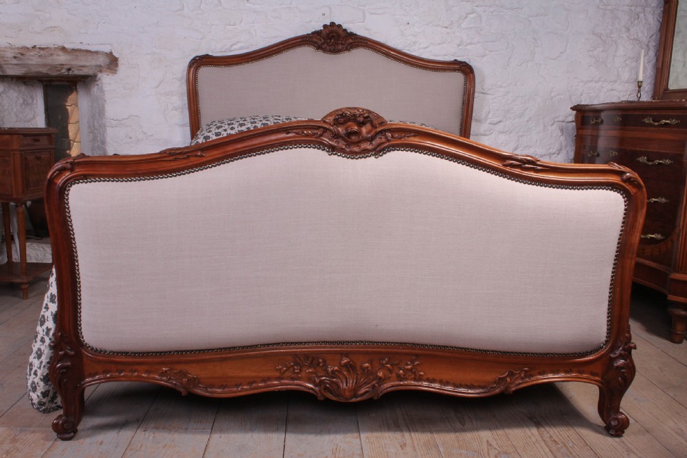 Beautiful quality French walnut framed Louis XV style 5Ft king size bed with pair of matching bedsides View V