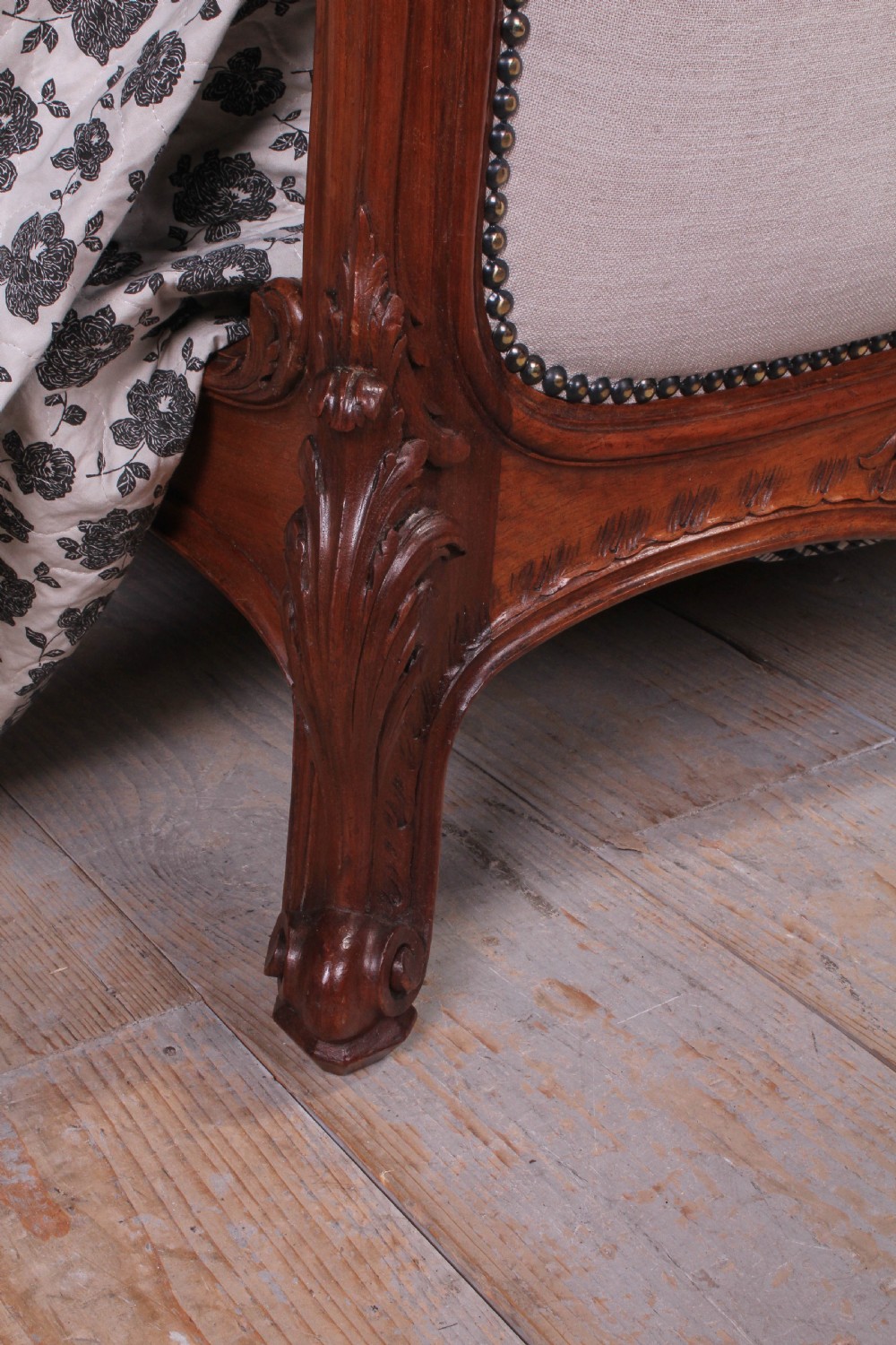Beautiful quality French walnut framed Louis XV style 5Ft king size bed with pair of matching bedsides View VII