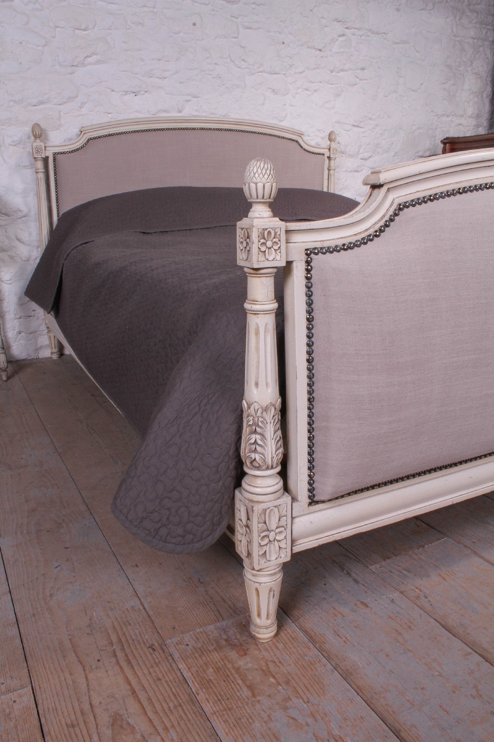 Newly upholstered French 5Ft king size bed with fluted columns View III