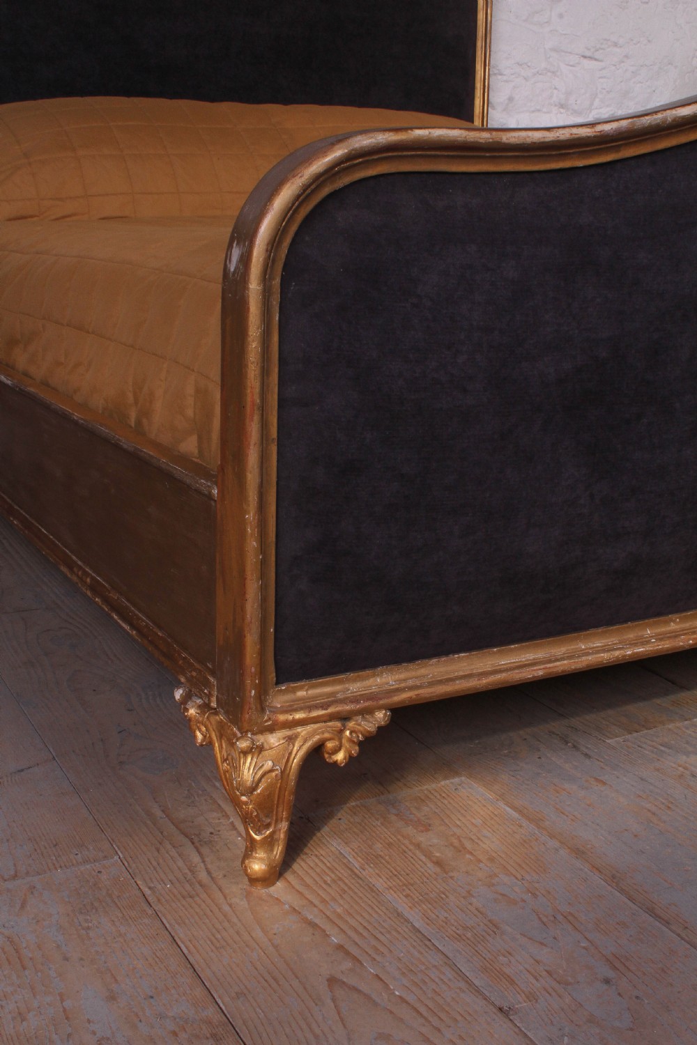 Shabby chic gilded and upholstered Louis XV style boudoir king size plus bed View IV
