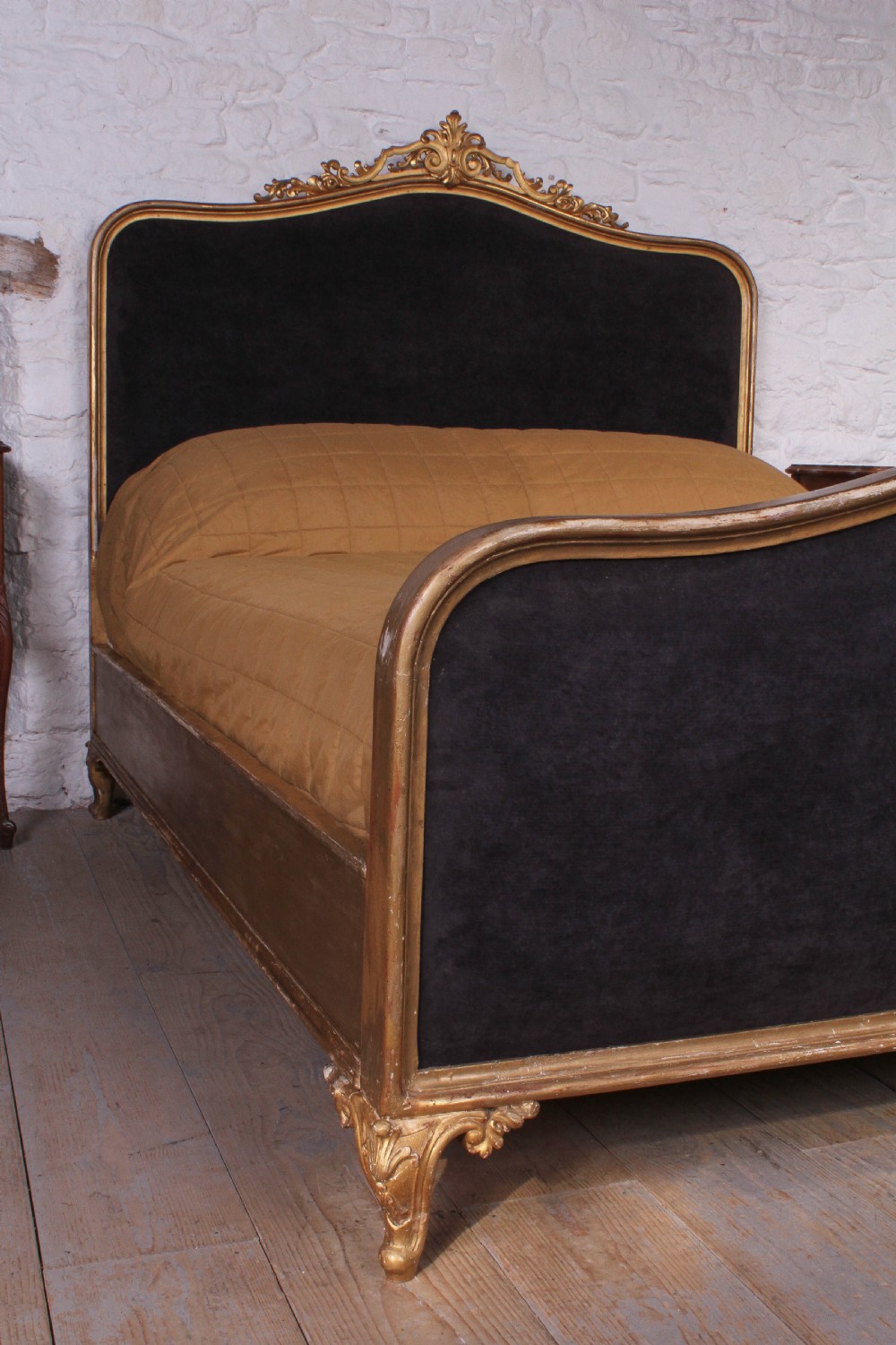 Shabby chic gilded and upholstered Louis XV style boudoir king size plus bed View VIII
