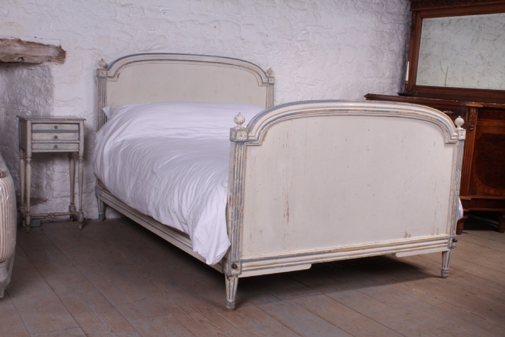 Shabby chic painted Directoire style French king size bed with bedside