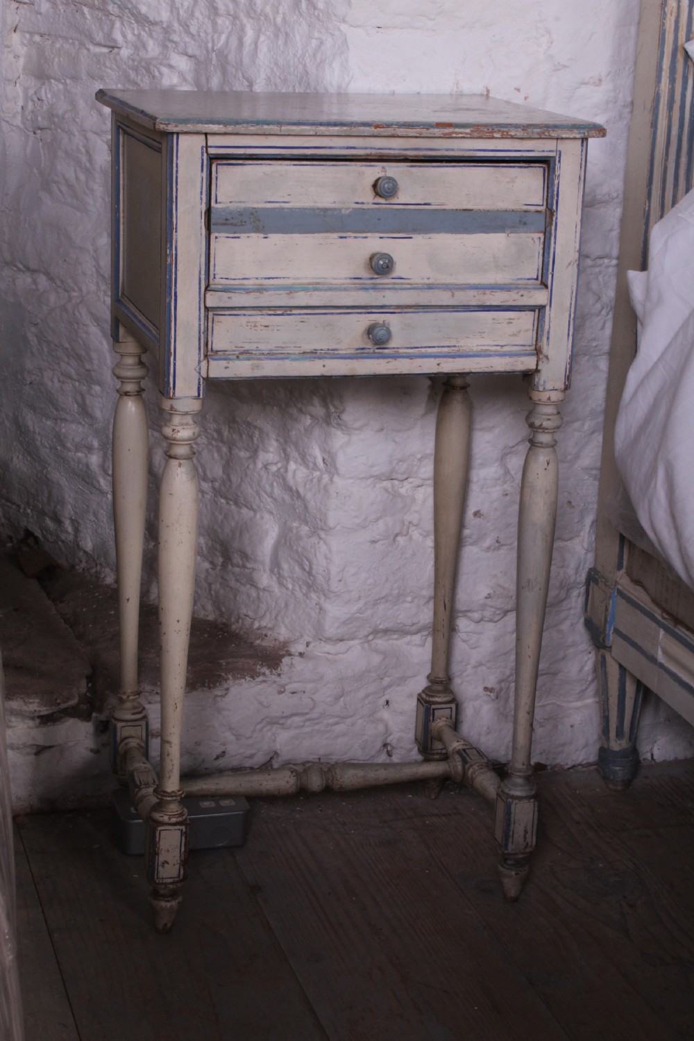 Shabby chic painted Directoire style French king size bed with bedside View VIII