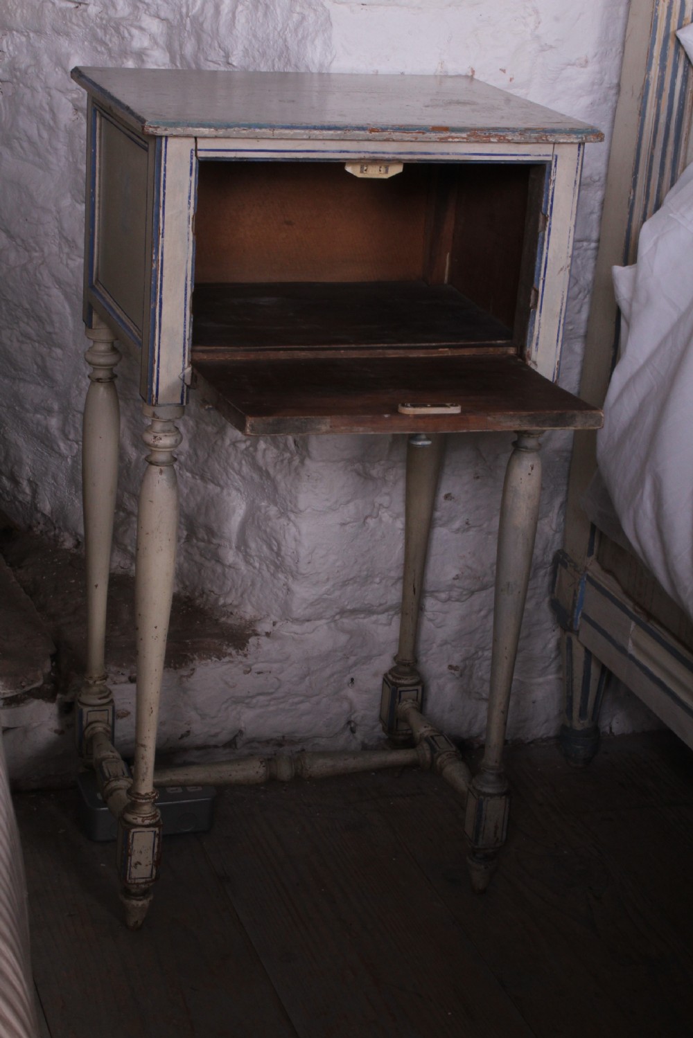Shabby chic painted Directoire style French king size bed with bedside View IX