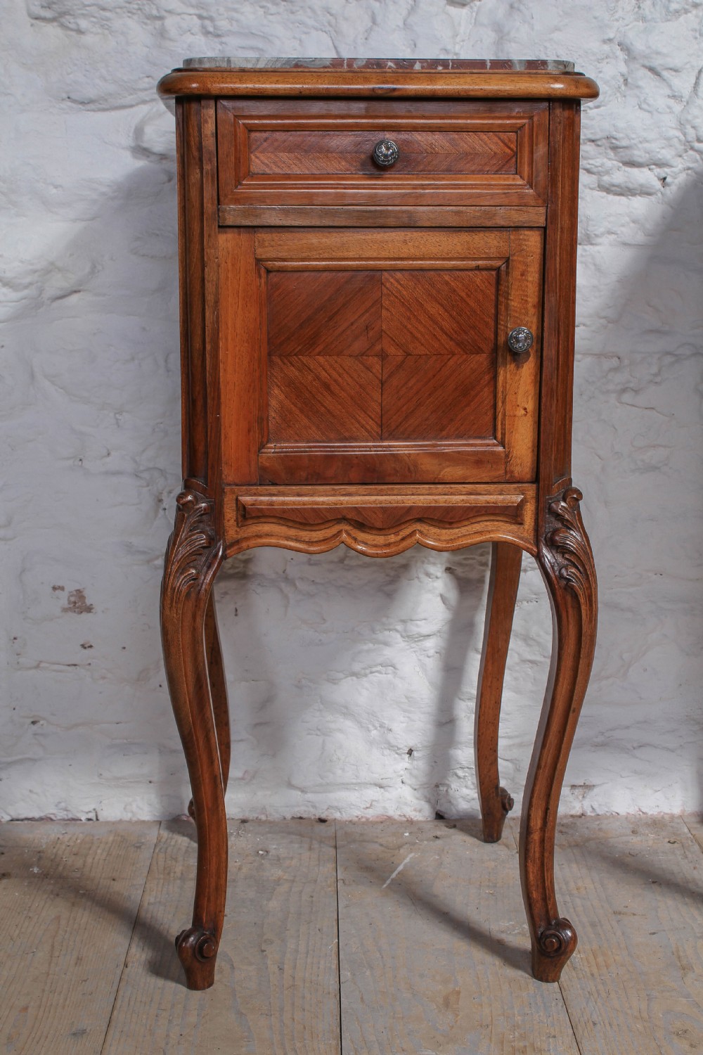 Pair of walnut Louis XV style bedsides with rose marble tops View III