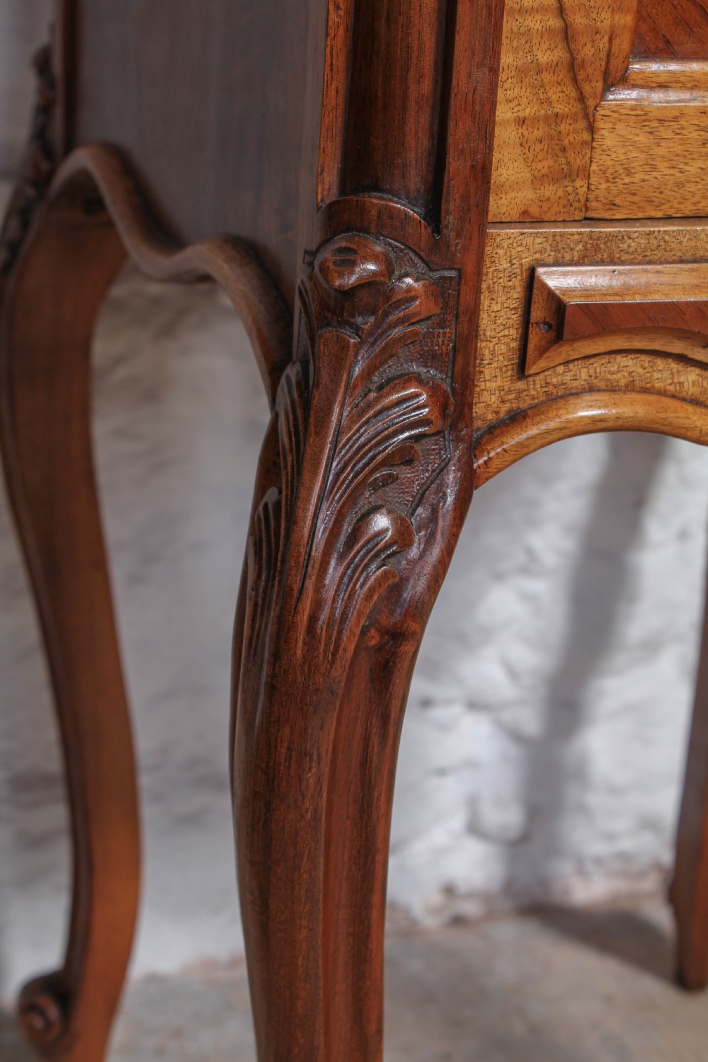 Pair of walnut Louis XV style bedsides with rose marble tops View IV