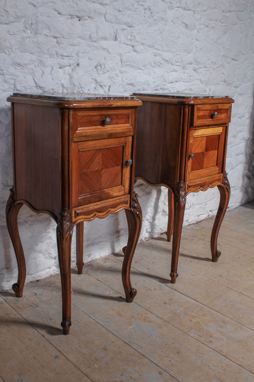 Pair of walnut Louis XV style bedsides with rose marble tops View V