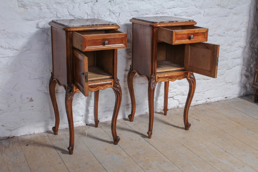 Pair of walnut Louis XV style bedsides with rose marble tops View VI